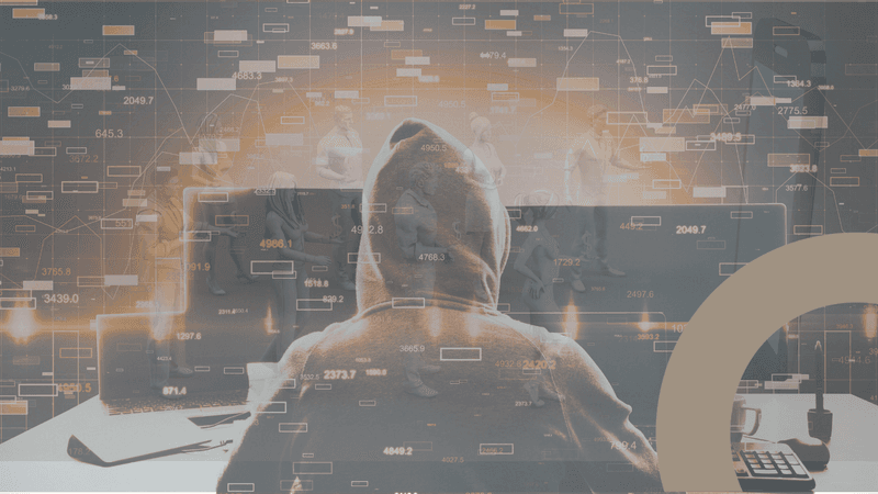 A hooded figure at a laptop, overlaid with streaming traffic charts and revenue figures