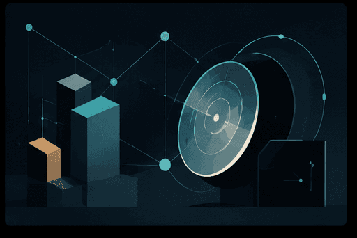 Illustration: an abstract instrument panel of bar charts, a radar dish and a network graph.