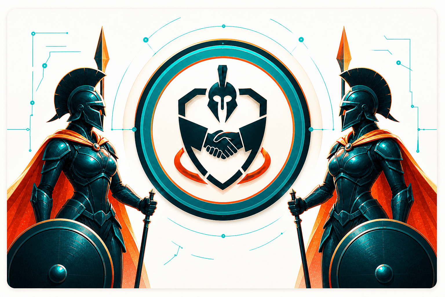 Illustration: two guardians flanking a shield emblem bearing a handshake.