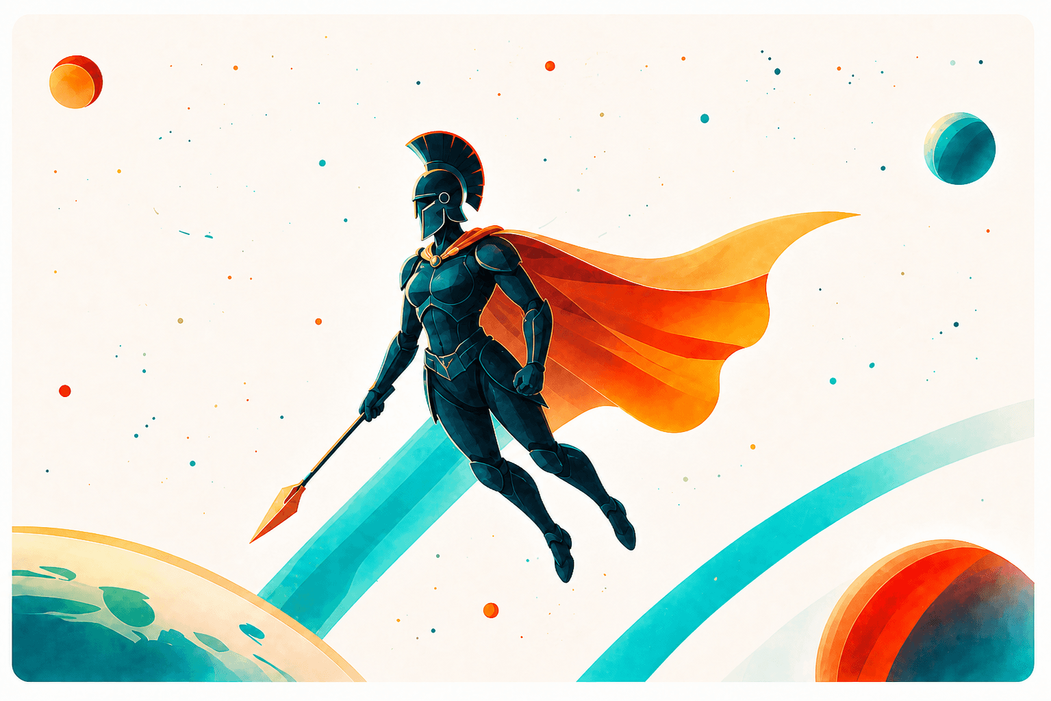 Illustration: a guardian in flight between planets, cape streaming behind.