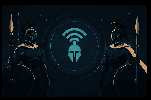 Illustration: two guardians flanking a helmet emblem radiating a broadcast signal.