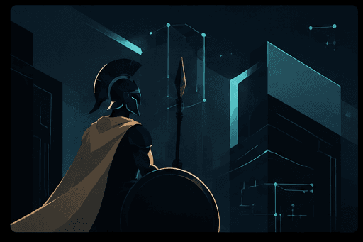 Illustration: a guardian keeping watch among dark city towers.