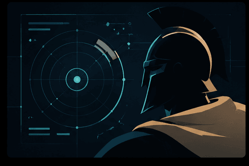 Illustration: a guardian watching a radar sweep on a dark console.