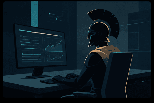 Illustration: a guardian at a desk reviewing a monitoring dashboard.