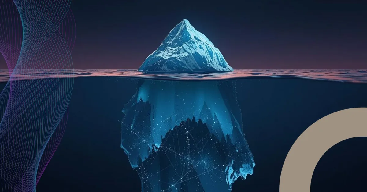 Iceberg with small visible tip above waterline and large digital network structure beneath representing hidden piracy infrastructure