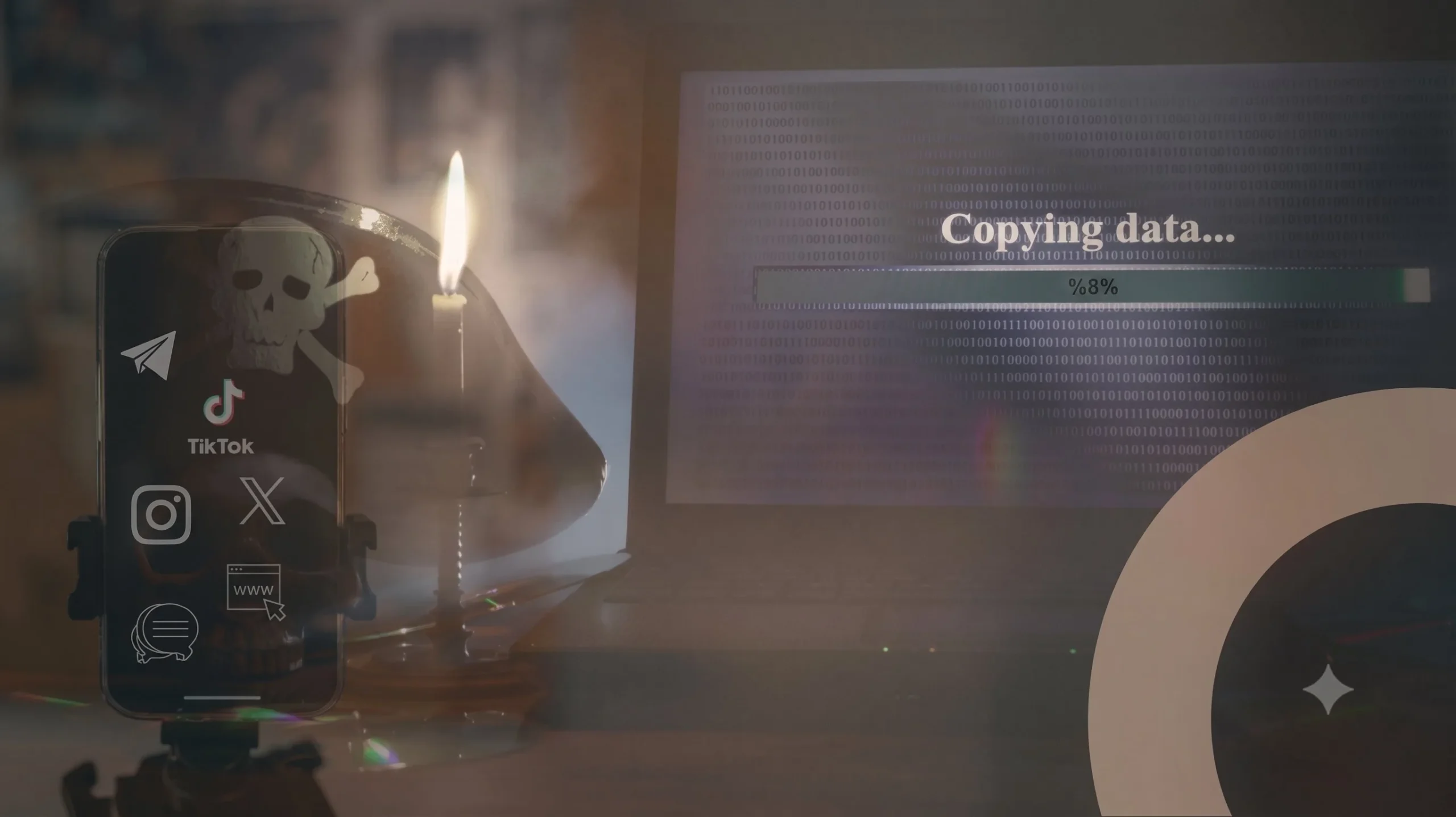 Smartphone displaying TikTok Instagram and X icons next to a pirate skull candle with binary data copying screen in background