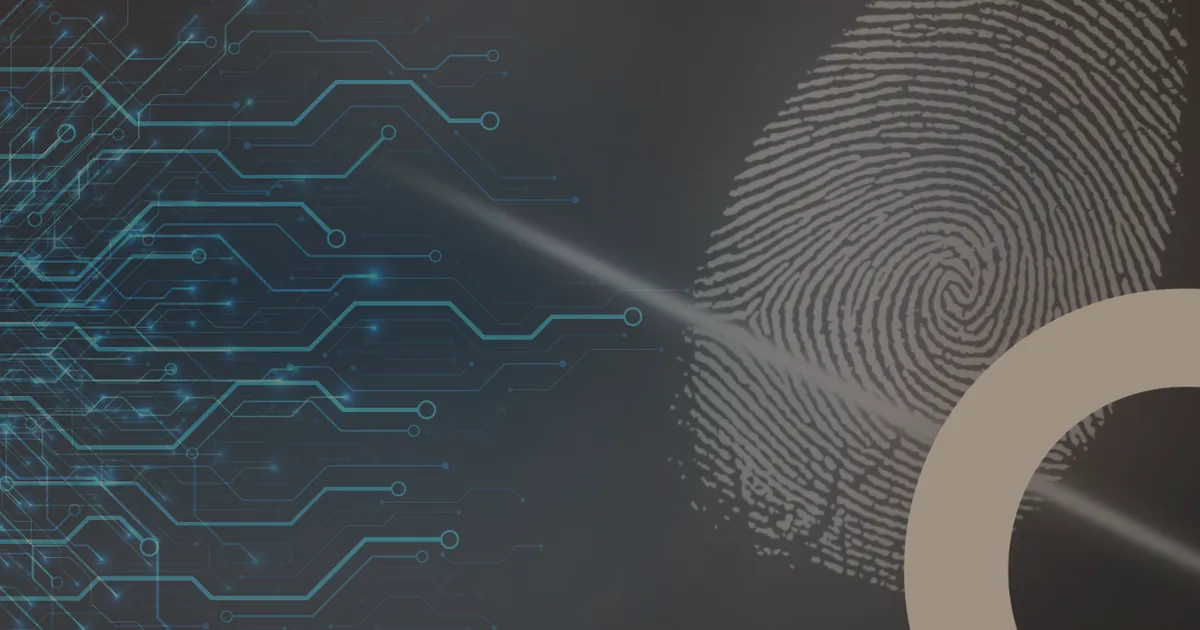 Digital fingerprint and circuit board graphic representing content detection in anti-piracy enforcement